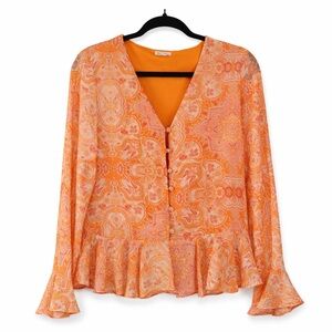 En Creme V-Neck Peplum Blouse Paisley Print Flared Cuff Orange Medium